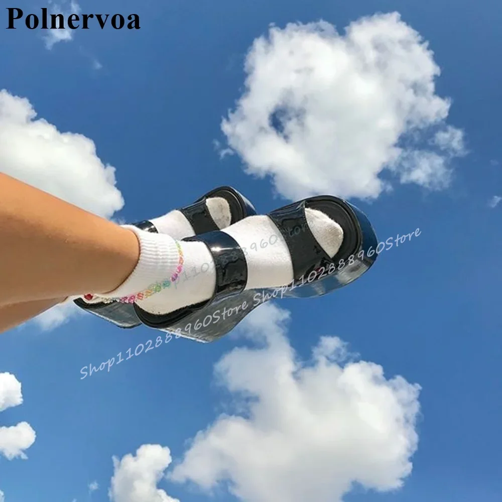 

Black Patent Leather Thick Soled Half Slippers Wedges Heel Shoes For Women Slip On Open Toe 2025 Fashion Zapatos Para Mujere