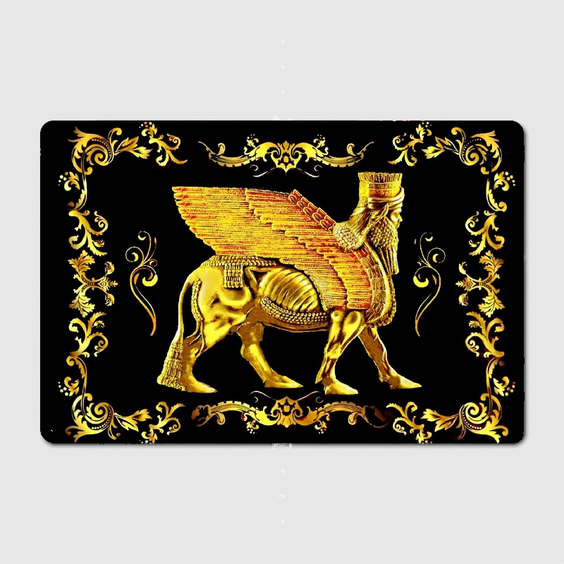 Assyria Assyrian Human Headed Winged Golden Lamassu Statue On Black Poster Metal Plaque Wall Cave Wall Decor Tin sign Posters