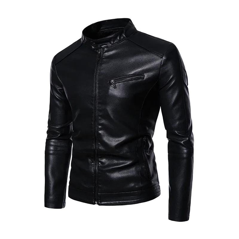 2023 PU Casual Leder Jacke Männer Fleece Motorrad Biker Slim Fit Oberbekleidung Männer Solide Stehkragen Leder Jacken