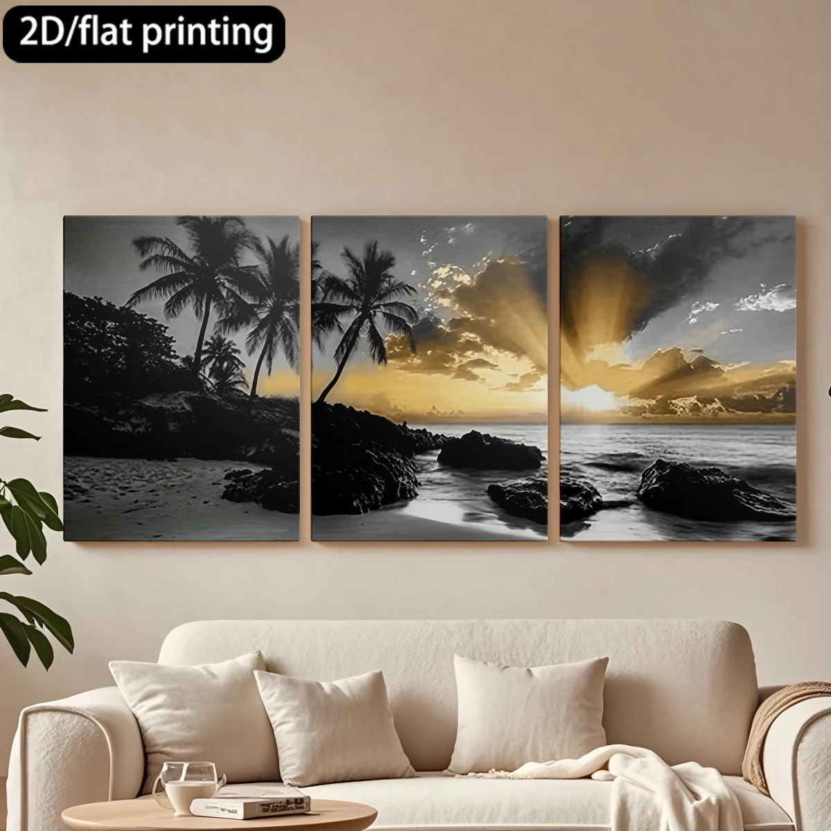 

Декоративная картина на холсте из трех частей: Закат, тропический пляж, пальмы, скалы.