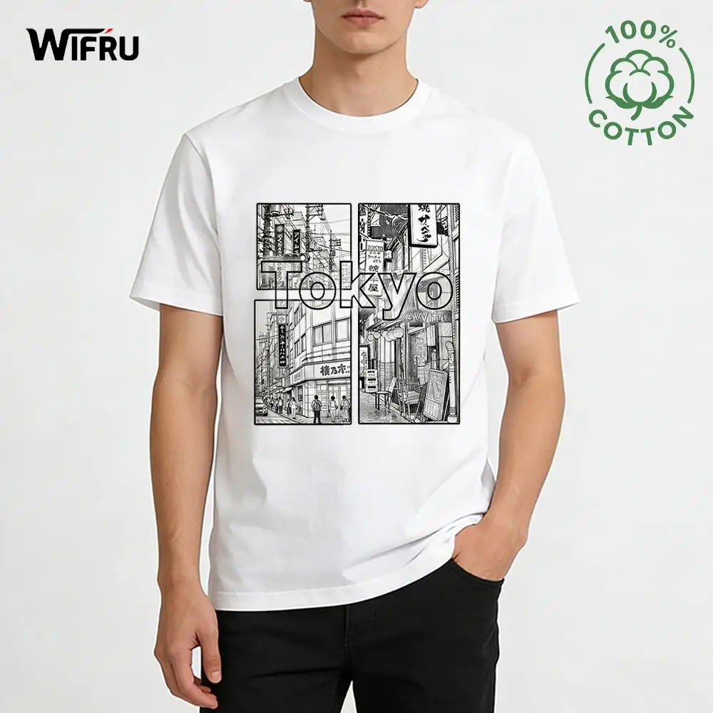 

Illustration-style Japanese Street View Graphic T-shirt Urban Casual Unisex Comfortable Cotton Tops WIFRU New Short Sleeve Tees
