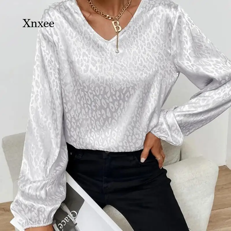 Elegant Lady Leopard Print Satin Blouse 2022 Spring New V Neck Pullover Tops Autumn Women Casual Jacquard Long Sleeve Soft Shirt