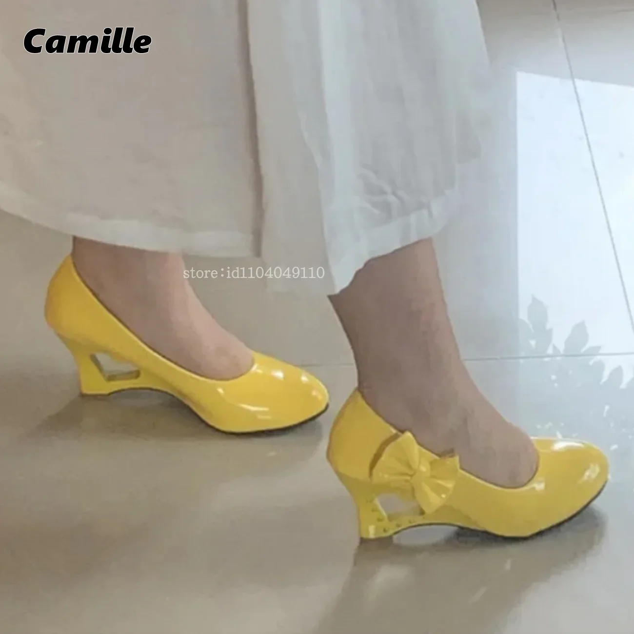 Yelloe Hollow Heel Slip On Shallow Wedge Pumps Patent Leather Side Bow Knot Sexy Lady Sandals Mary Jane Office Casual Pumps