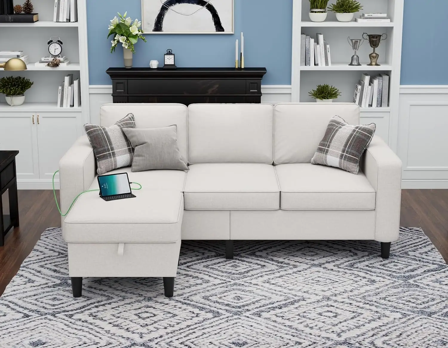 Convertible L Shaped Sectional Sofa With Storage Ottoman USB Port Beige Linen Fabric For Apartment Small Space, Customized