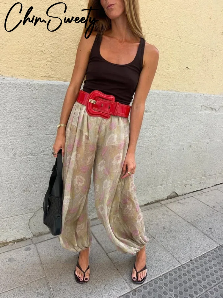 الرجعية فضفاضة طباعة السراويل النساء عادية عالية الخصر فانوس طويل الشارع الإناث السراويل 2025 الصيف الخريف انظر من خلال السراويل سيدة