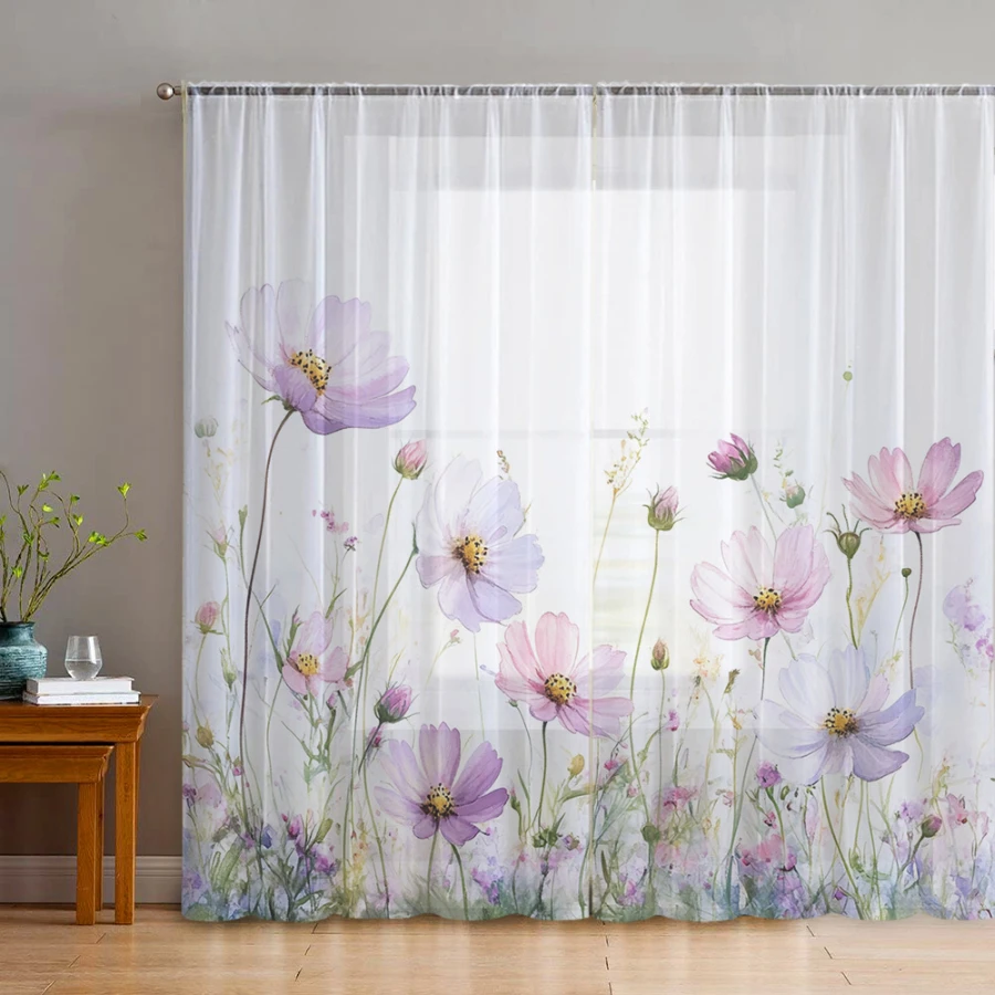 2PCS Digital Print Sheer Curtains, Lovely Pink Purple Wildflowers, Meadow Nature Floral Style for Bedroom Living Room Home Decor