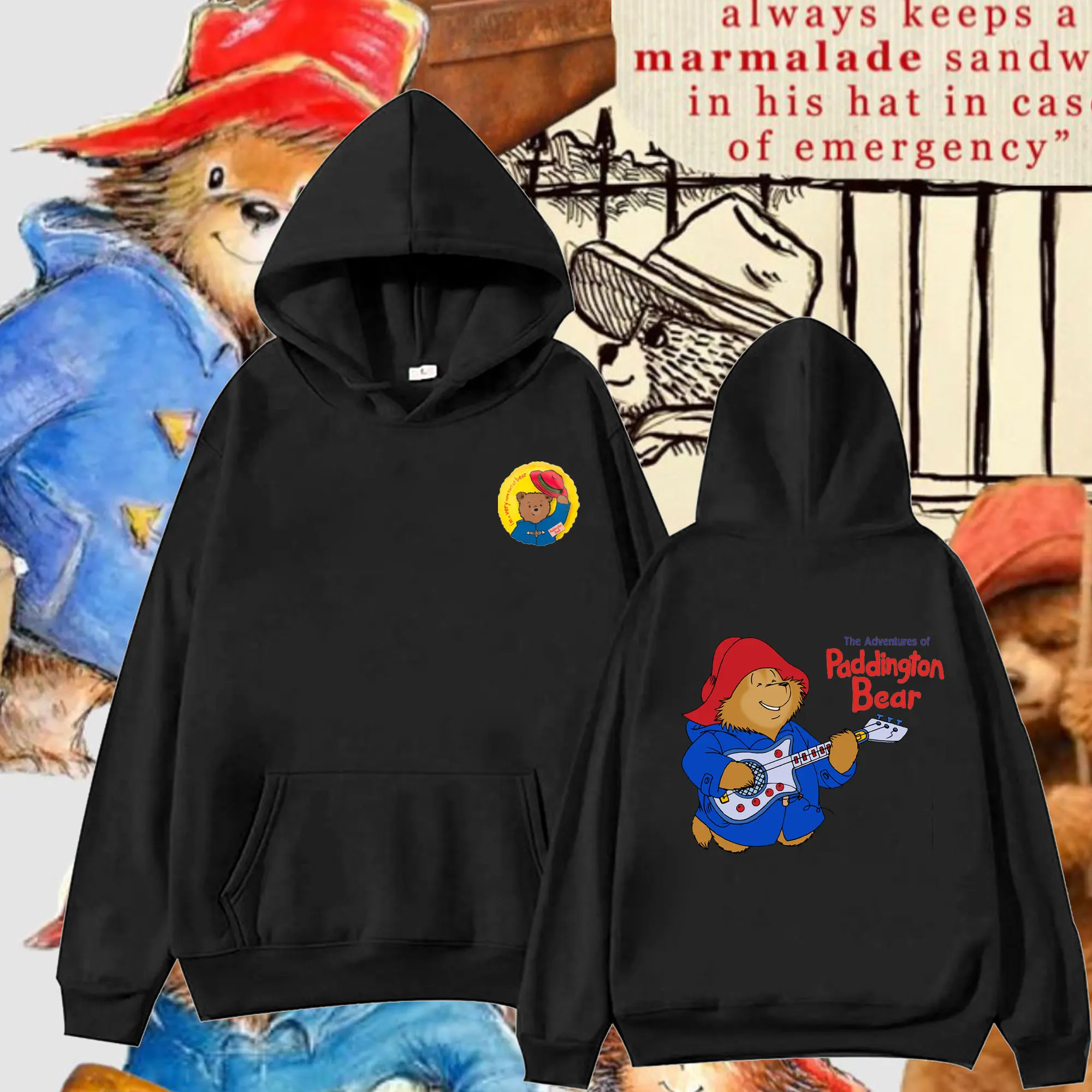 Retro and Funny Paddington Bear in London Graphic Woman Hoodies Double-sided Print Unisex Hoodie Loose Pullover Sweatshirt Tops
