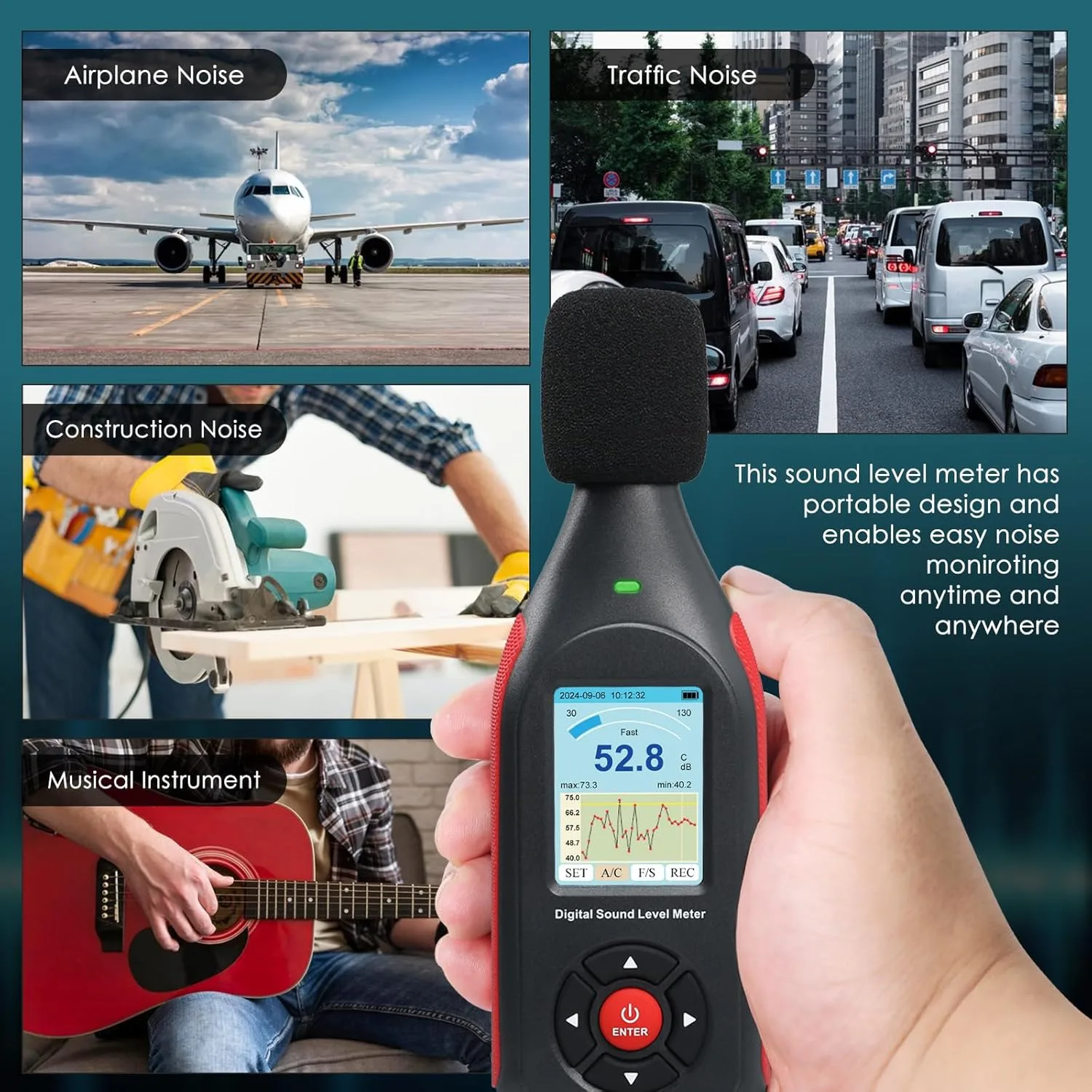 

Sound Level Tester Decibel Meter Datalogger with Visual Alarm,Coloured Screen Display 43,000 Data Set SPL Monitor Noise Reader