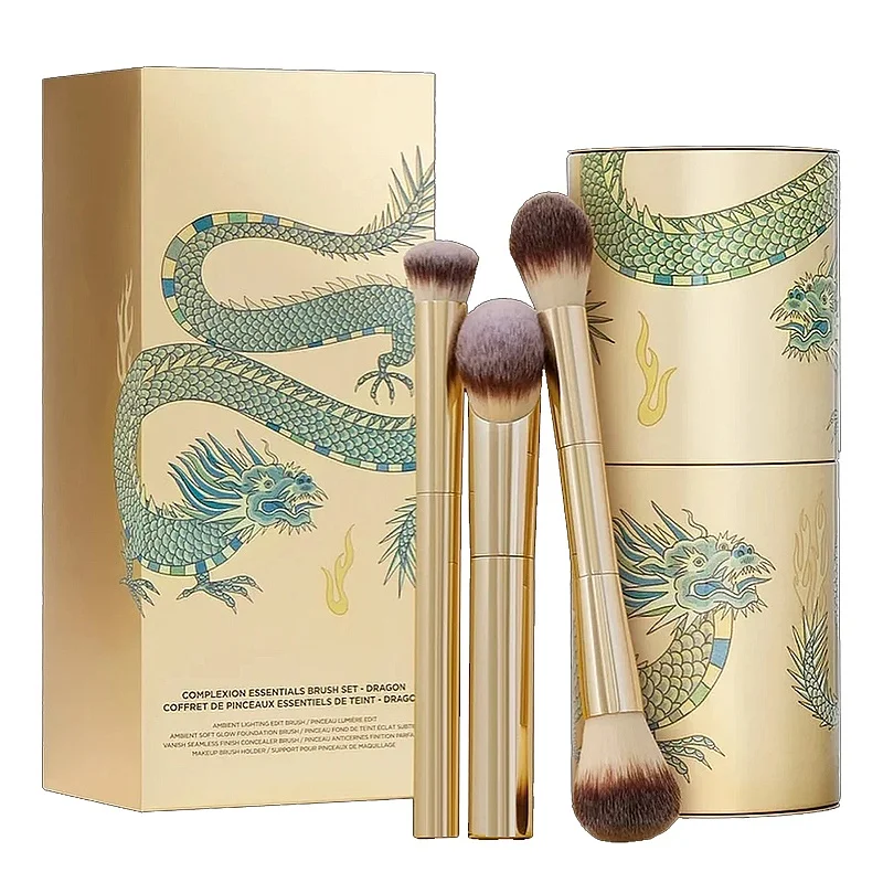 New 3-Piece Luxury Synthetic Hair Fan Brush & Flat Brush Set for Face Eyeliner & Concealer Use