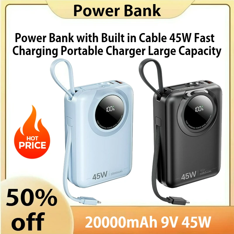 

20000mAh Power Bank with Built in Cable 45W Fast Charging Portable Charger Large Capacity