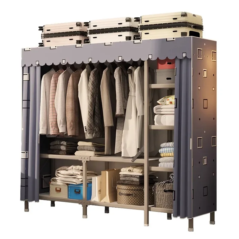 

installation-free folding simple cloth wardrobe small apartment full steel frame strong and durable rental room