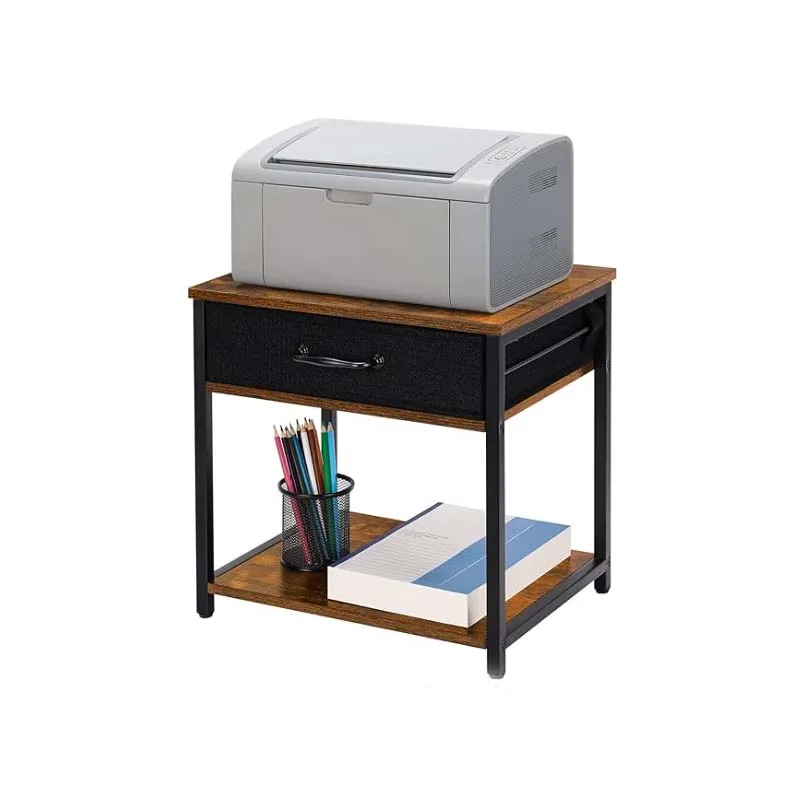 Suporte de impressora com armazenamento, 2 Tier Small Printer Table, gaveta de tecido e prateleira de madeira, Desktop Organizer