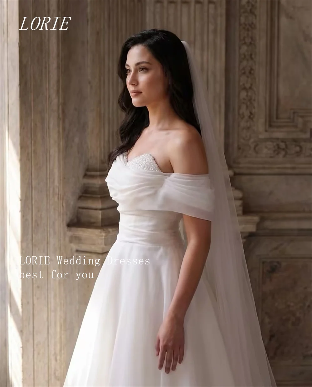 

LORIE Luxury A Line Civil Wedding Dress Gauze Off The Shoulder Bridal Dresses Appliques Beading Wedding Gown Customized 2026