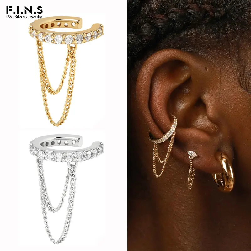 F.I.N.S 1PC INS Double-Layer Chain Tassel Clip Earrings For Women 925 Sterling Silver Fake Piercing Cartilage Earring Jewelry