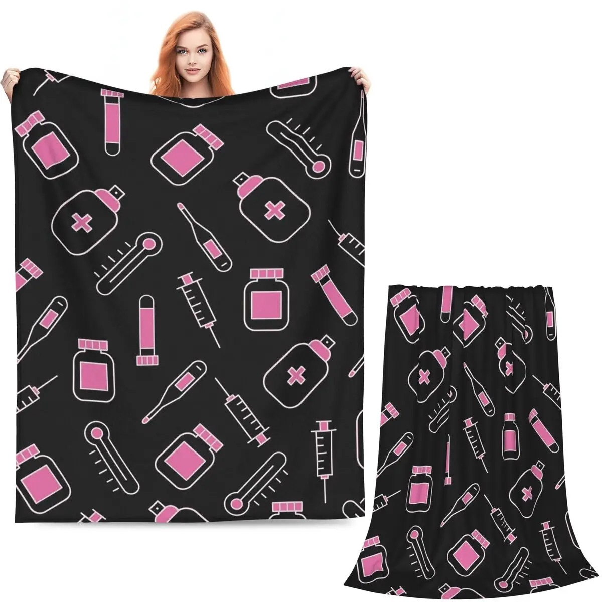 Pink Nurse Syringe Medical Heart Stripe Printed Blanket Soft Warm Flannel Throw Blanket Cover for Bed Picnic Travel Home Sofa
