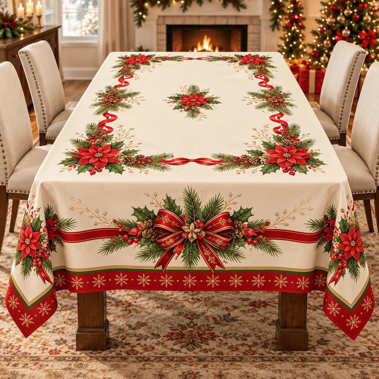1 rectangular tablecloth on a beige background with red poinsettia, holly pine branches, berries and gold bow ribbon print