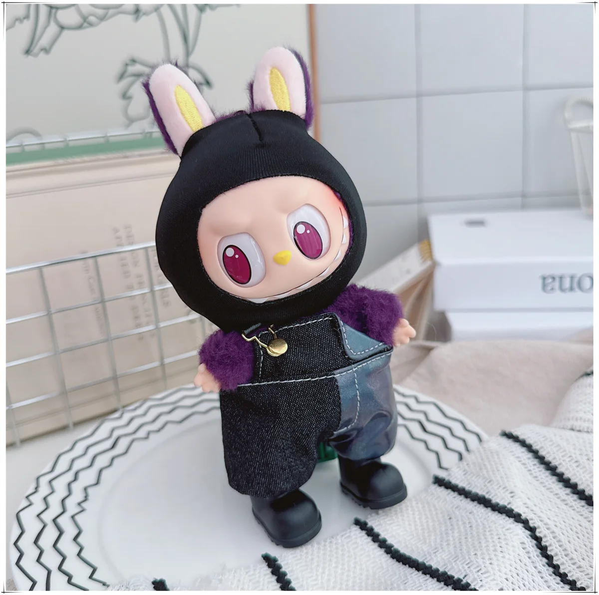 Para labubu roupas noite role-play saco de cabeça preta ladrão labubu acessórios na moda calças de carga diy equipamentos conjunto sem bonecas