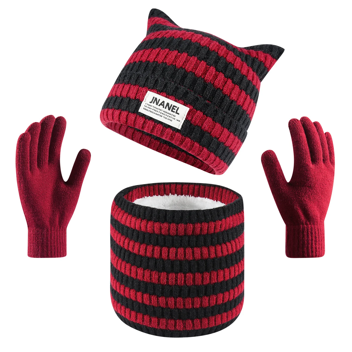Knit Hat Scarf Gloves 3PCS Set New Fashion Striped Hnitted Hat For Women Winter Warm Cute Cat Ears Versatile Knitted Suit