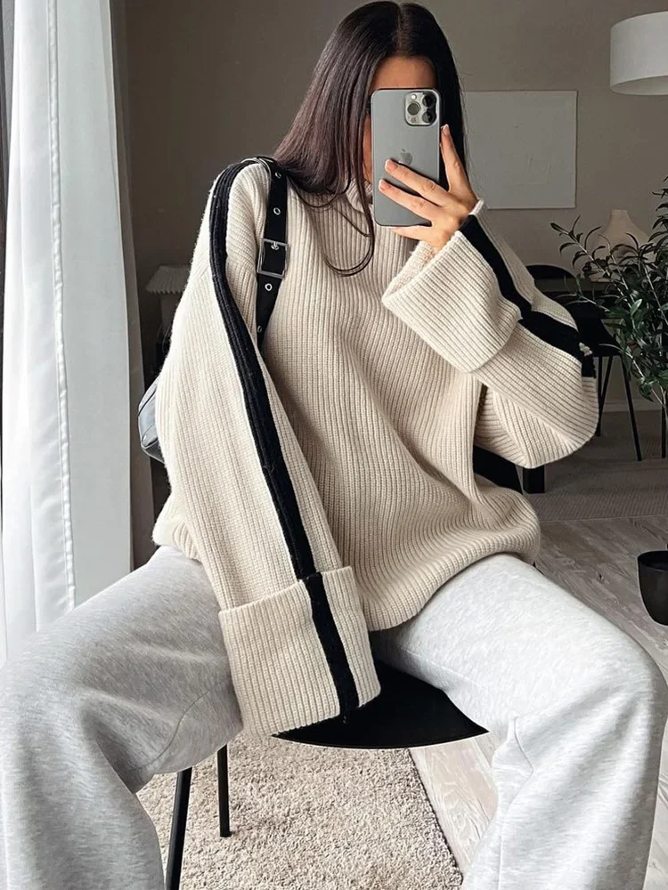 Fashion Patchwork Turtleneck Sweaters For Women Loose Long Sleeve Knitted Top Pullovers 2023 Autumn Female Elegant Chic Knitwear