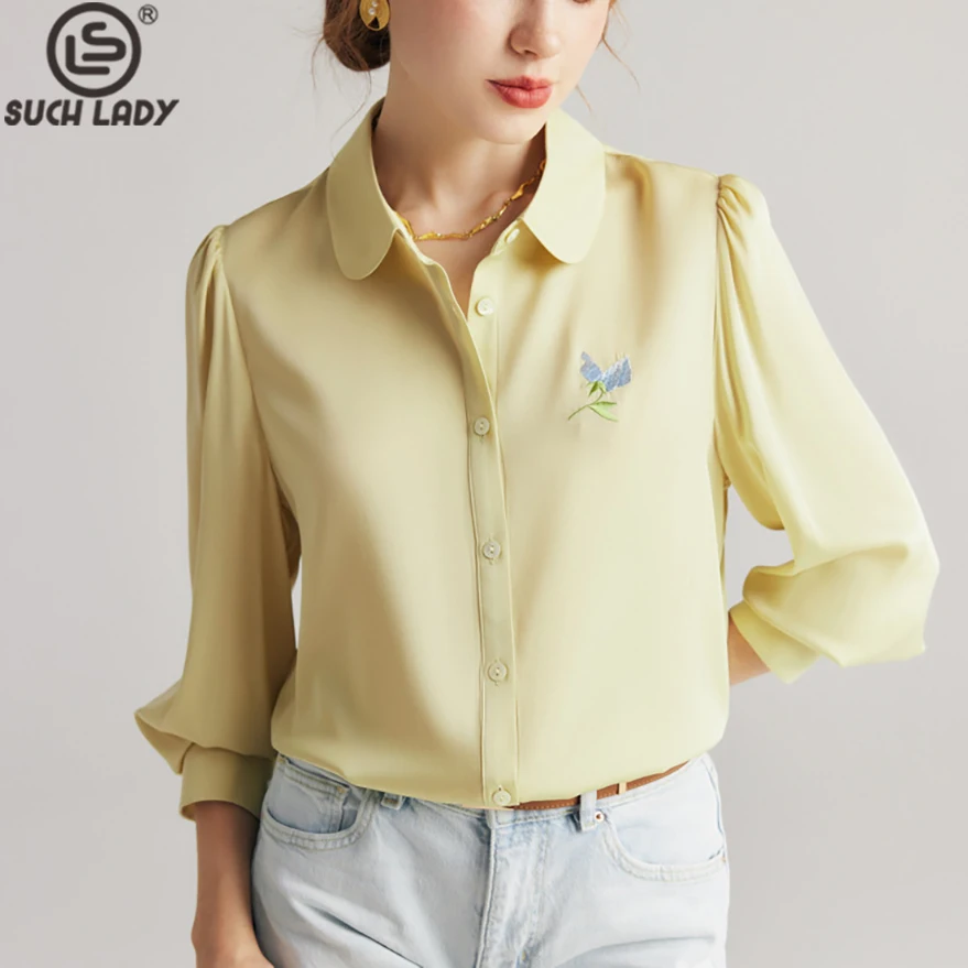 

90% Natural Silk 10% Spandex Women's Shirt Peter Pan Collar Long Sleeves Embroidery Elegant Fashion Blouse Tops