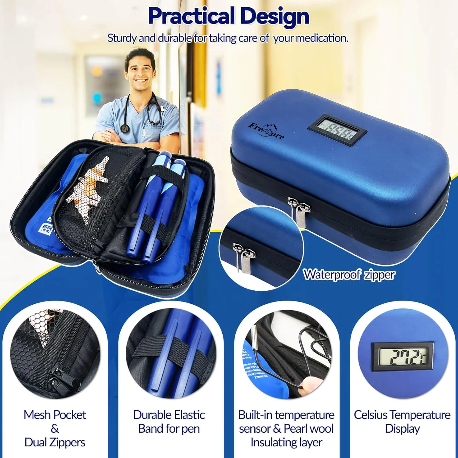 Insulin Cooler Medicine Pill's Box W/ Temperature Display for Insulin Travel Case Diabetes Degree Cels  Refrigerated Storage Bag
