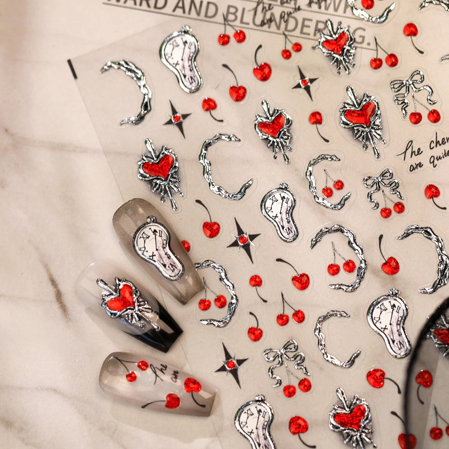 

Bright Silver Metal 5D Nail Stickers Twisted Melt Clock Thorn Heart Four Point Star Red Cherry Fruit Decals Punk Gothic Manicure