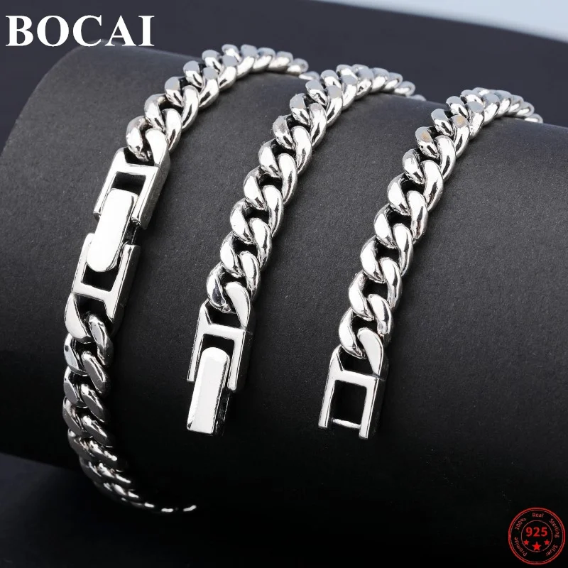 BOCAI S925 Sterling Silver Necklaces for Women Men New Fashion 7mm10mmHorsewhip Cuban-chain Snap on Couple Gift Free Shipping