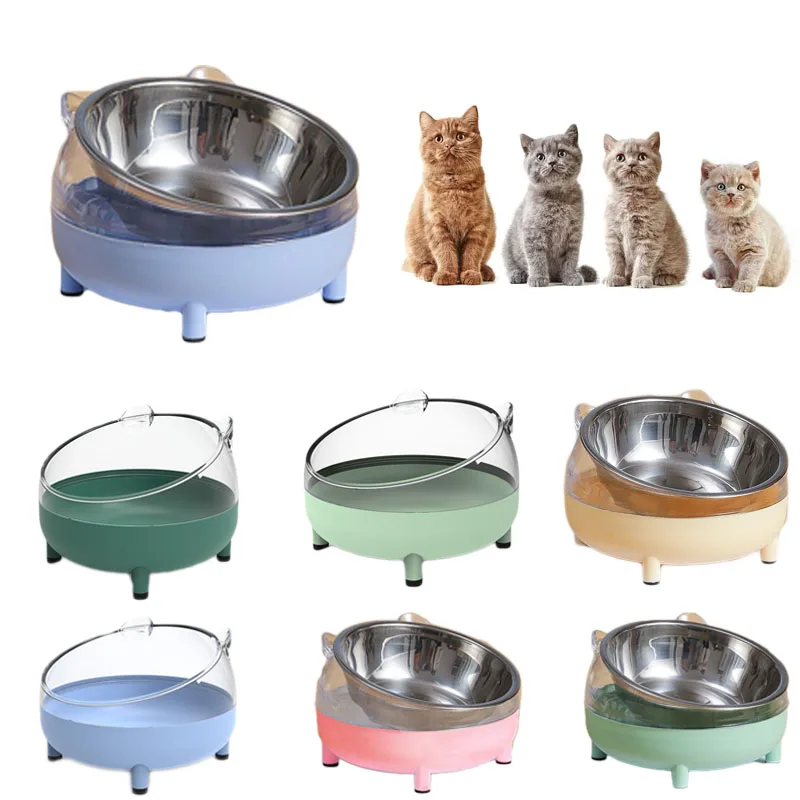 15 Degrees Tilted Raised Stainless Steel Cat Bowl Non-slip Base Puppy Cats Food Drink Water Feeder Neck Protection Dish Pet Bowl