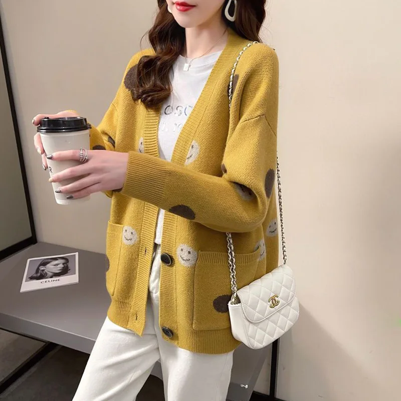 Knitting Cardigan Female Autumn Winter New Korean Loose Ladies Top Tee Cartoon V-neck Long Sleeve Sweater Coat Women Clothing