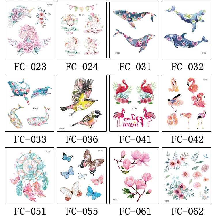 Colorful Whales  Fake Tattoo Body Art Flash Flower Bird Flamingo UnicornTemporary Tattoo Sticker For Women Tatouage Red Animal