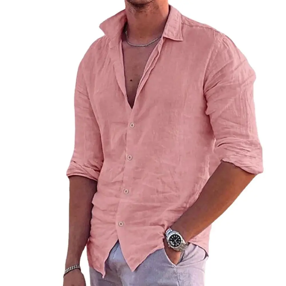 

2024 New Men's Cotton Linen Shirt Fashion Casual Beach Neck Sleeve Nine Points Thickened Autumn Season Wide Fit Shirt