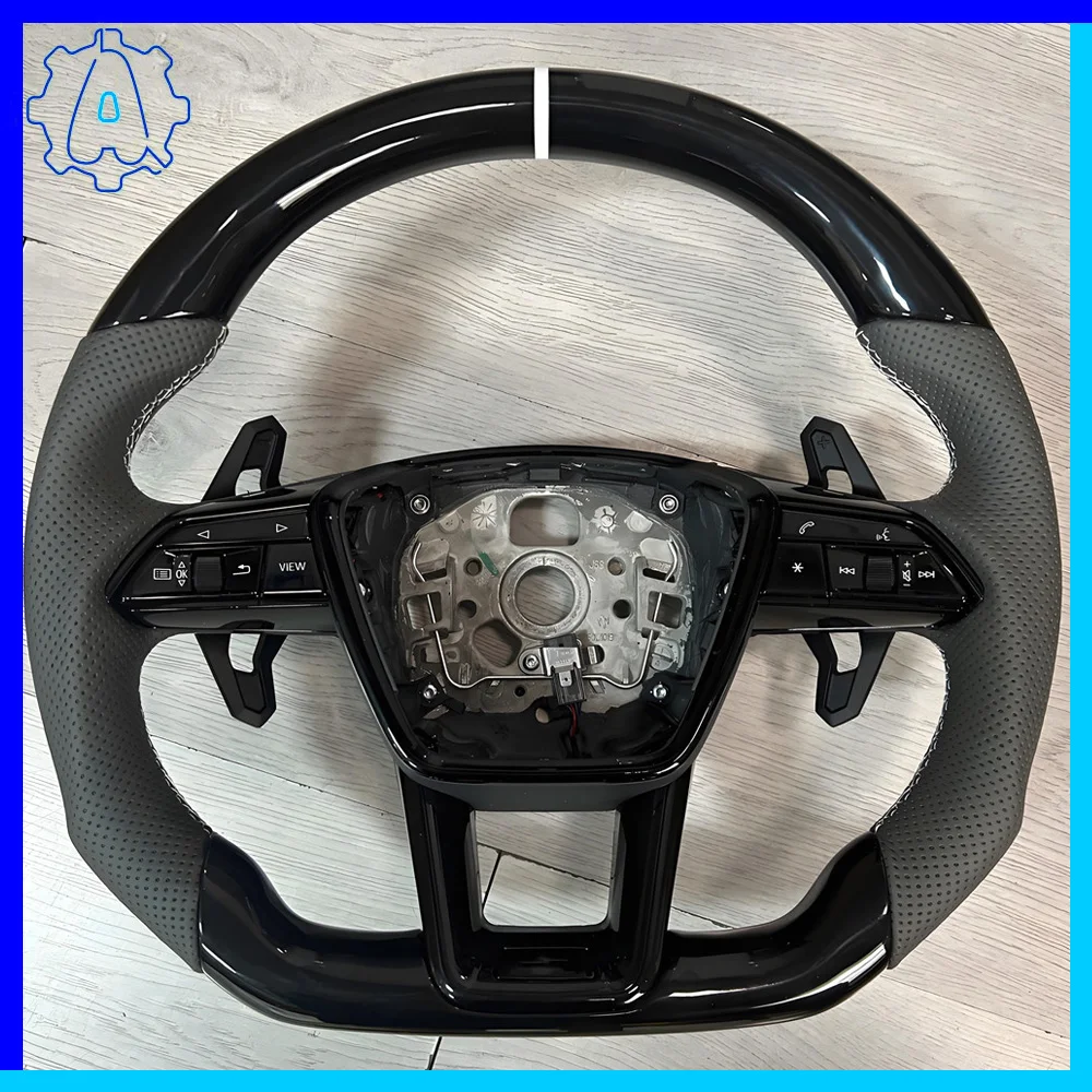 

For Audi A6 C8 painted piano black carbon fiber perforated leather gray stitching multifunctional steering wheel,