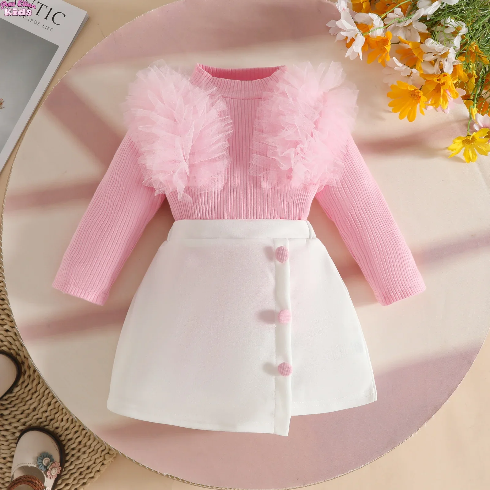 

Baby Girl ClothesTulle Trim 2Pcs Sets 0-3Y Baby Dresses Long Sleeve Top and Button Accent Skirt for Newborn Girls Party Outfit