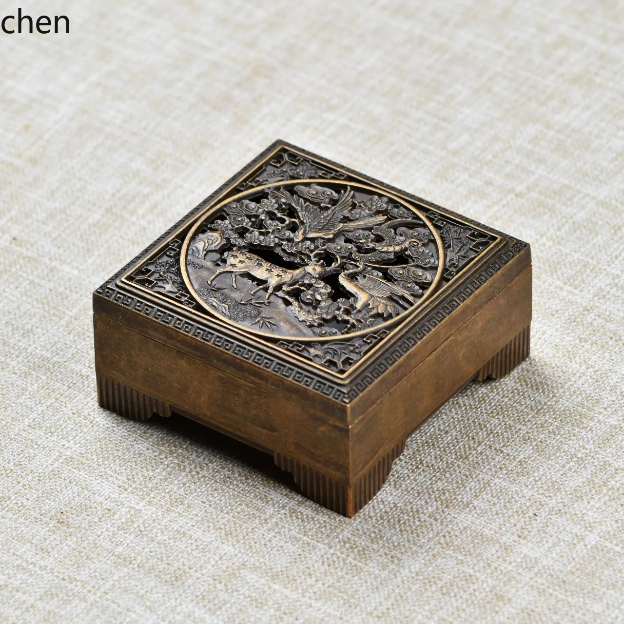 CZ Deer and Crane Tongchun Plate Incense Burner Classical Quartet Zen Incense Burner Carved Agarwood Sandalwood Burner