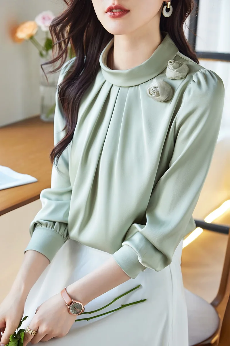 Chemisiers Vintage pour femmes, couleur unie, chemises décontractées, mode ample, vêtements coréens d'été, manches longues, col rond, hauts en mousseline de soie pour femmes