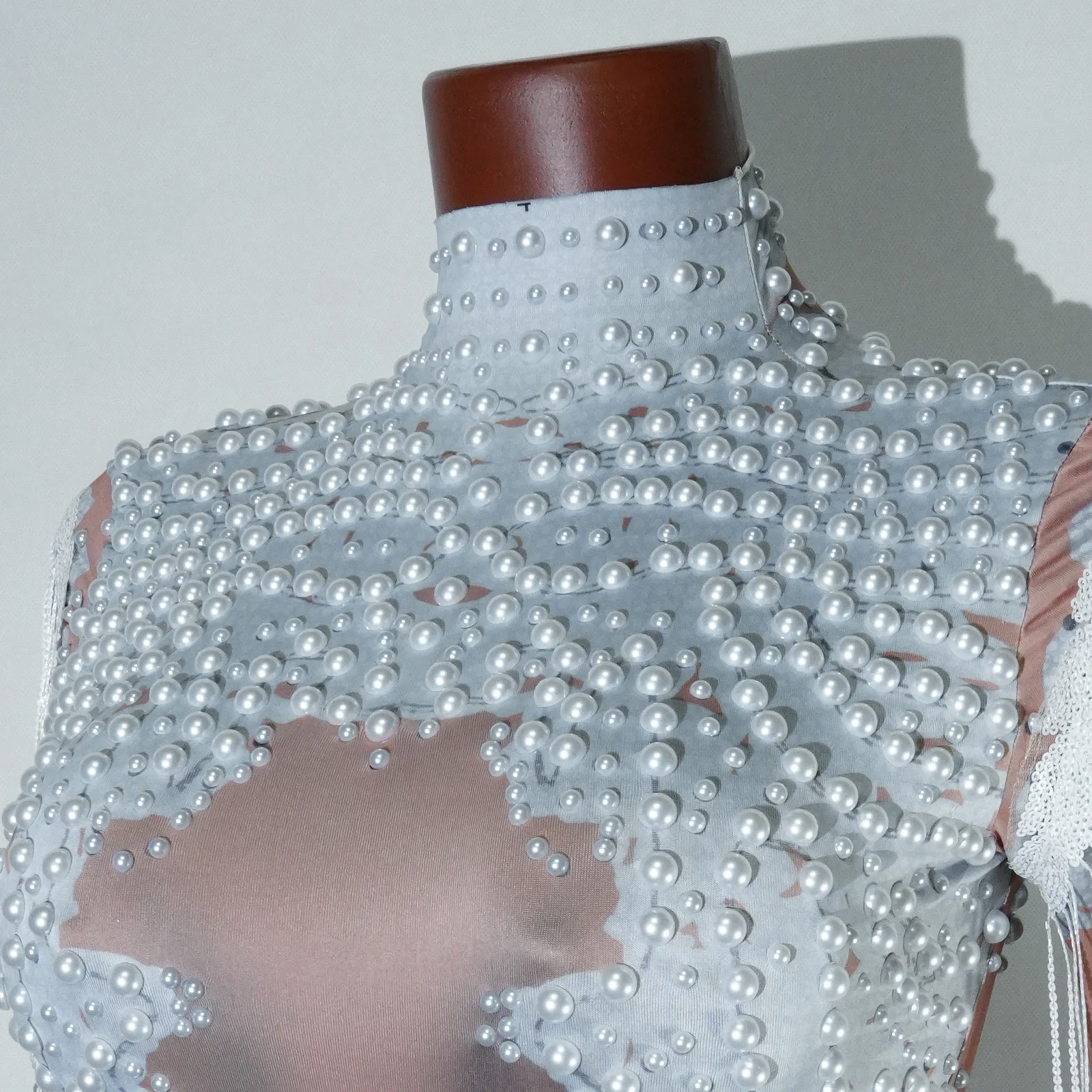 New White Pearl Fringes Bodysuit Red Rhinestone Sequin Tassel Birthday Party Nightclub Dance Stage Performance Costume Outfit