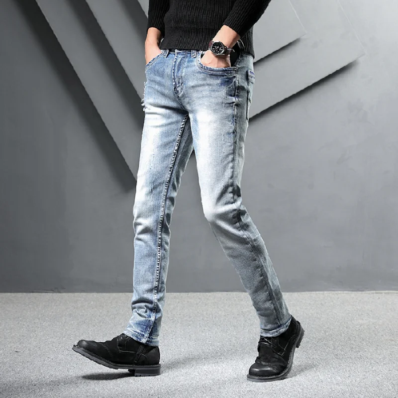 

JXN859American high-end street fashion light-coloured abraded white vintage jeans men's Slim elastic straight small leg trousers