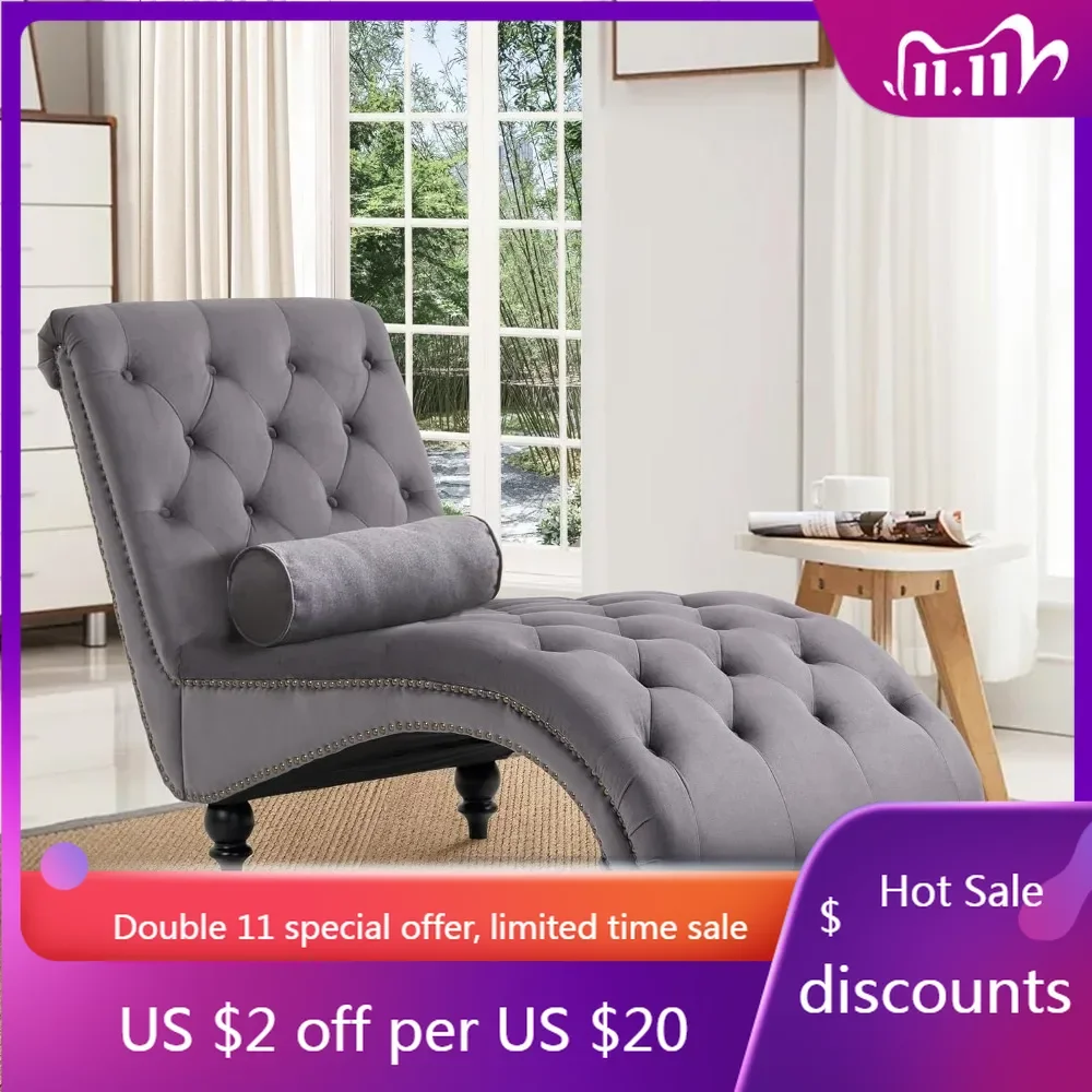 Tufted Chaise Lounge Chair Indoor, Velvet Chaise Lounges with Solid Wood Legs & Support Pillow