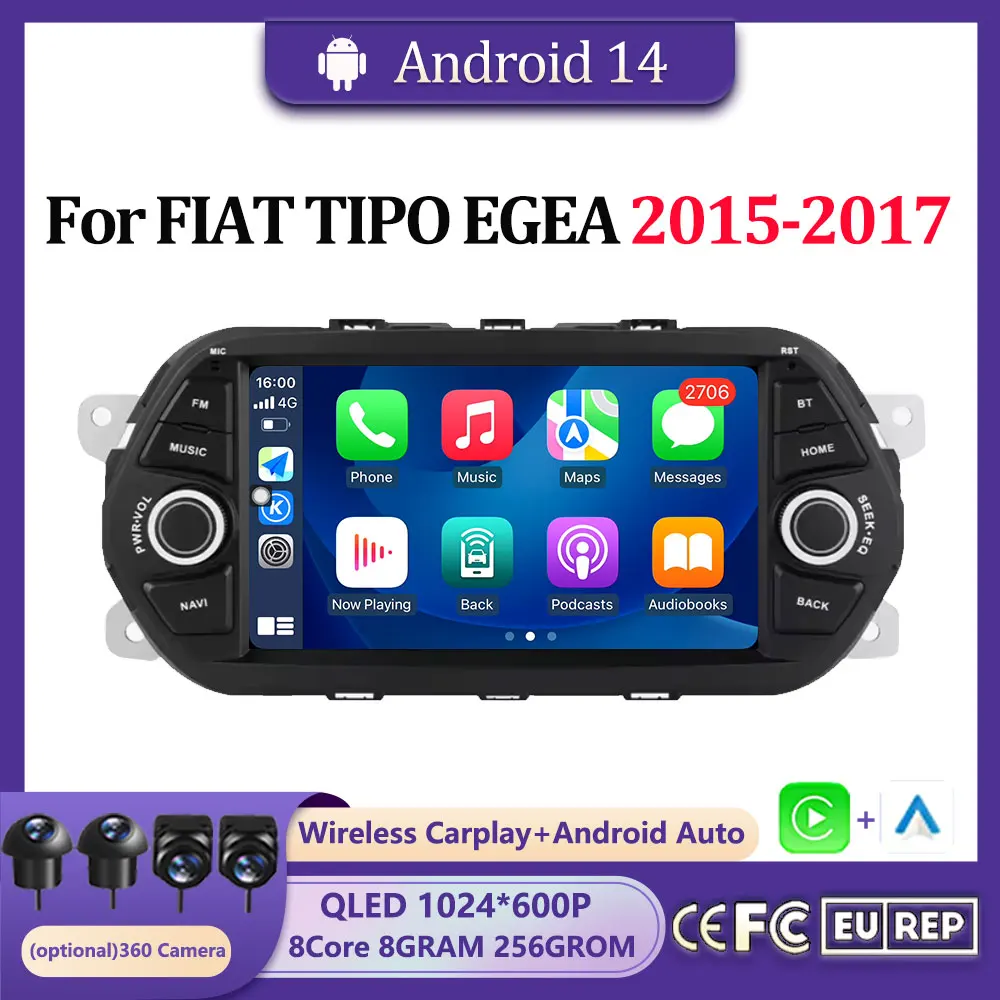 

Android 14 8G+256G Car GPS Multimedia Radio Touch HD Screen Stereo Player for Fiat Tipo Egea 2015 2016 2017 Bluetooth CarPlay