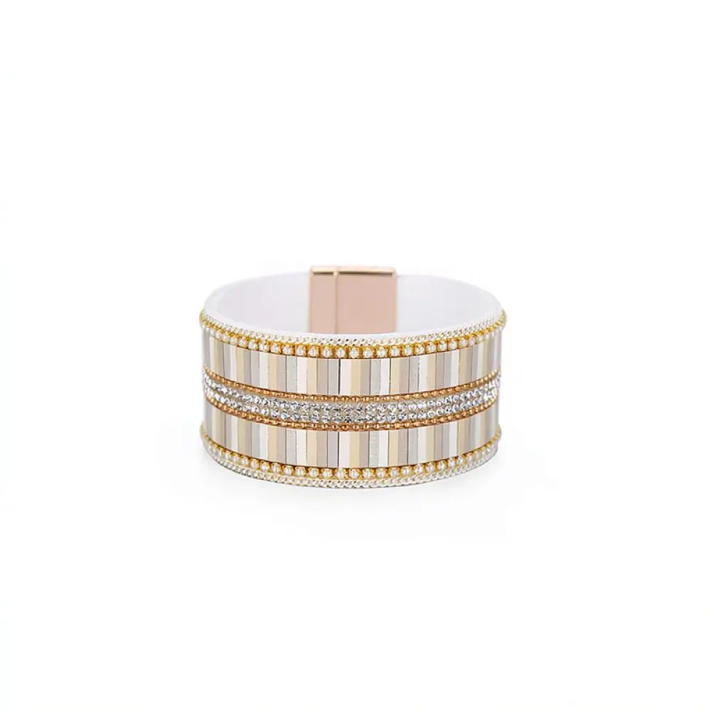 Classic Leather Cuff Bracelet For For Ornapeadia Women Vintage Rhinestone Geometric Jewelry Magnetic Closure Summer Wrist Decor