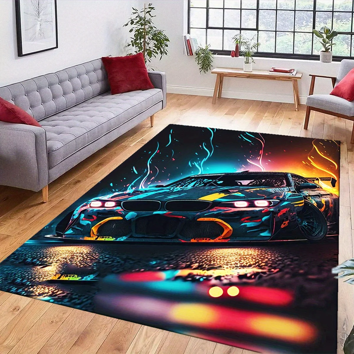 

Neon Car Rug for Futuristic Interior neon themed living room rugs Anti slip carpet can be machine washed