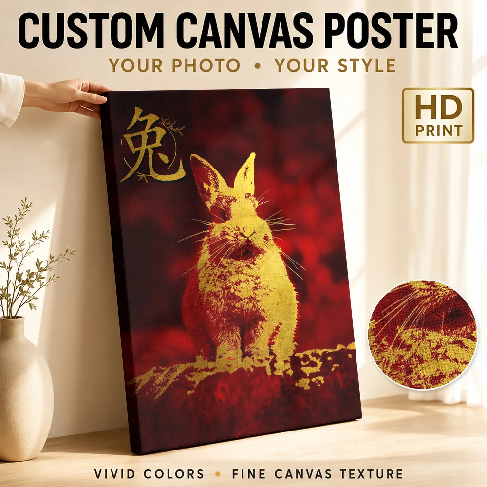 Chinese Zodiac Rabbit Wood Framed Canvas Poster Customized Photo Traditional Animal Wall Art For Living Room Housewarming Gift