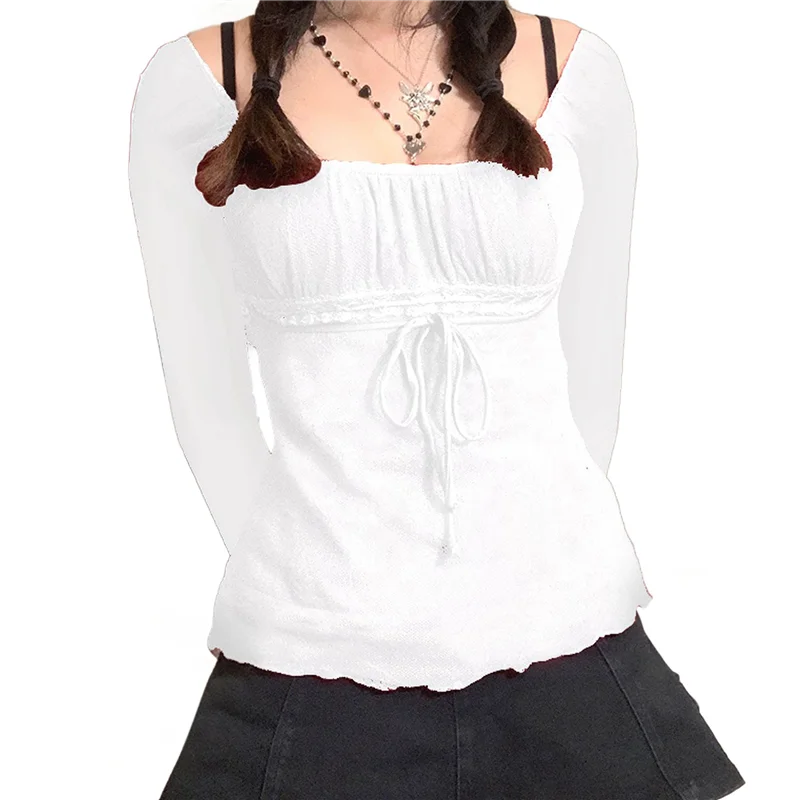 

ASDS-Women Vintage Aesthetic Top Long Sleeve Lace Trim Tight Shirts Y2k Graphic Print Fairy Grunge Top Streetwear