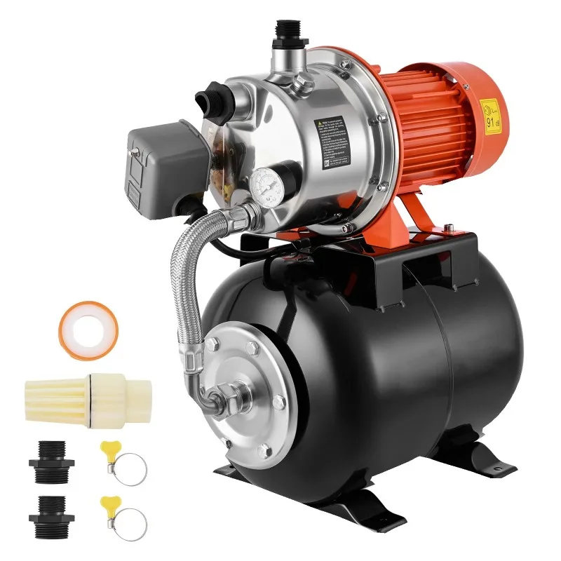 Bomba de pozo poco profundo de 1HP/1.6 HP con tanque de presión de 120V, tanque de acero inoxidable de 5 galones, interruptor de presión de 20/40 PSI para casa y jardín