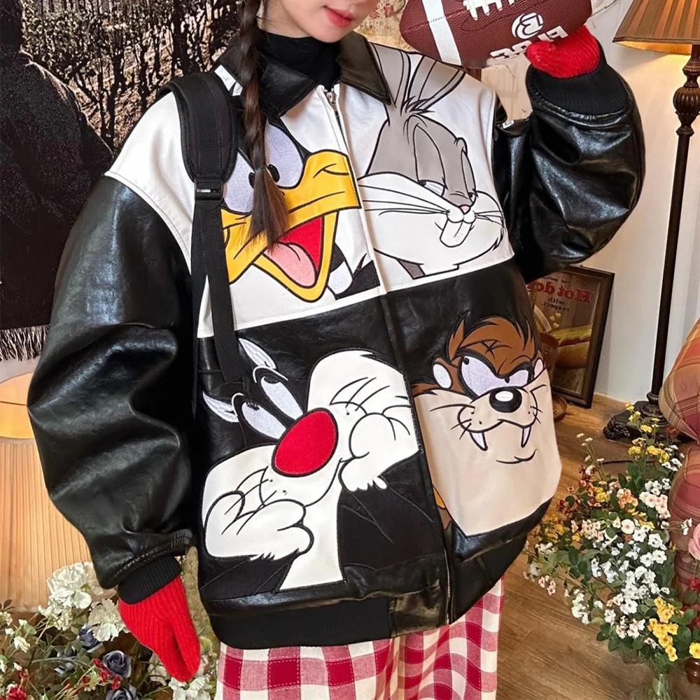 Pu Leather Y2k Cute Cartoon Embroidery Funny Pu Jacket Genderless Streetwear Valentines Luxury Harajuku Jacket Unisex 2025 New