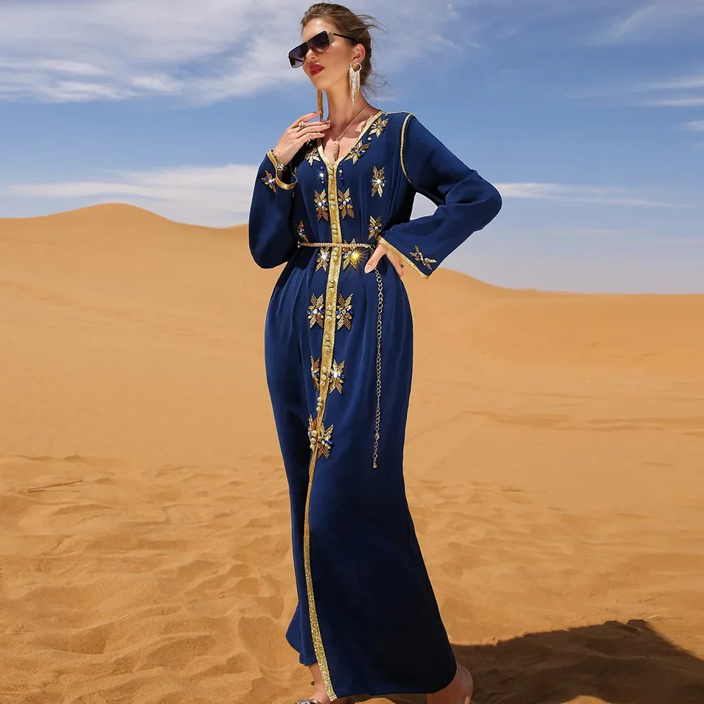 Women Eid Muslim Abaya Ramadan Morocco Diamonds Gorgeous Party Dress Kaftan Islam High Waist Vestidos Loose Solid Color