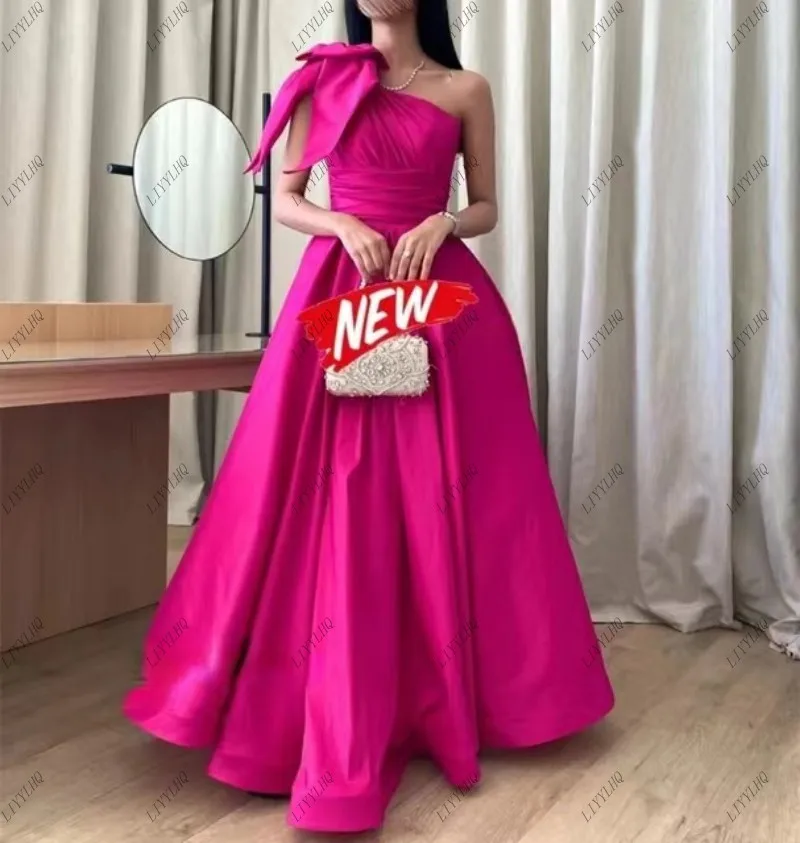 

LIYYLHQ Saudi Arabic Prom Dresses Fuchsia One Shoulder Big Bow Evening Dresses Floor Length Formal Women Wedding Party Gowns