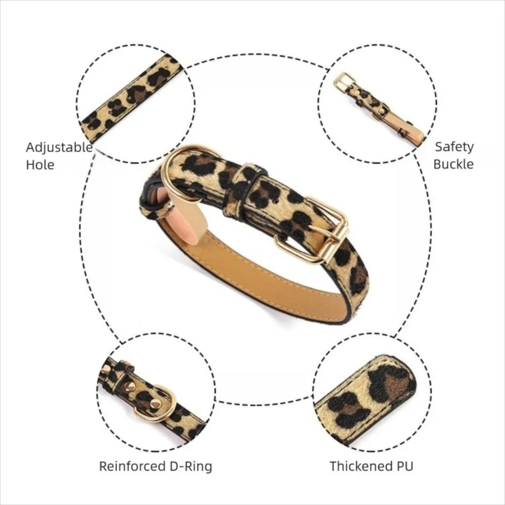 Leopard Print Dog Collar Pet Walking PU Leather Leopard Dog Collar Wear Resistant Adjustable Pet Collar Small Medium Dogs
