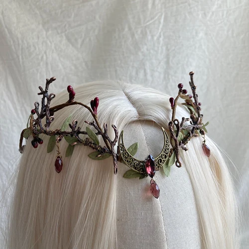 Imagen 2 del producto Corona de hojas de bosque de elfo de bosque hecha a mano, Tiara de gota de agua roja, círculo de luna, diosa, corona de boda de diosa de hadas