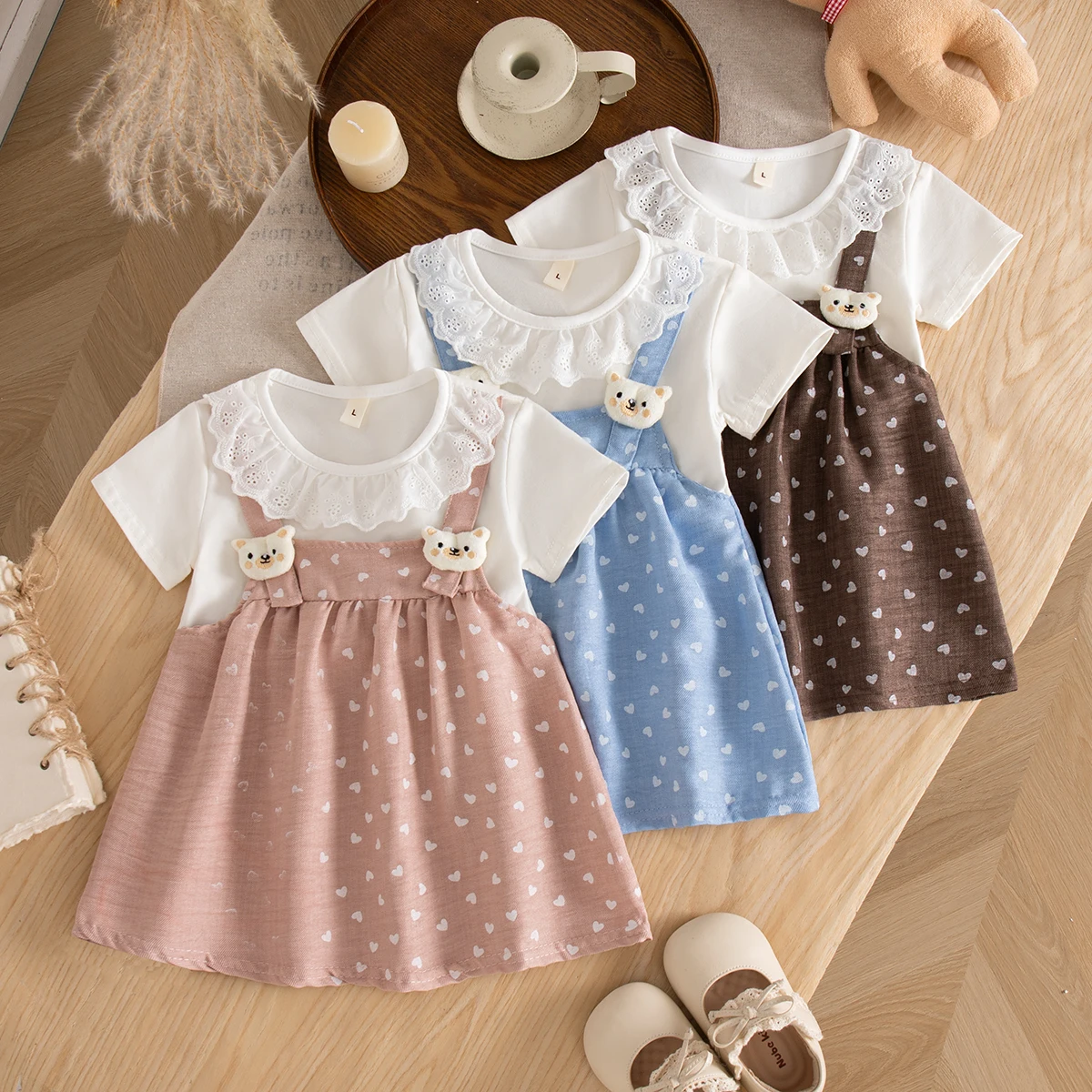 Toddler Girl Pink Cotton Dress with Heart Print And Bear Decor Short Sleeve Summer Playdate Outfit for Girls